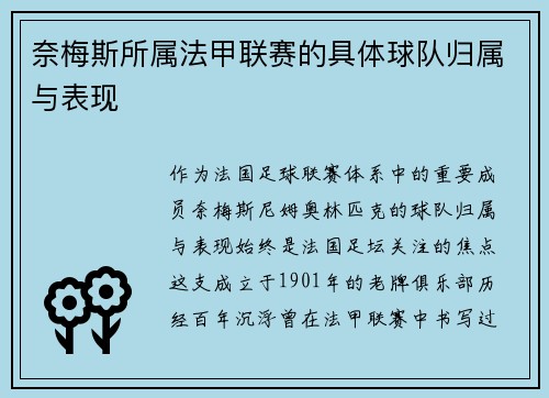 奈梅斯所属法甲联赛的具体球队归属与表现