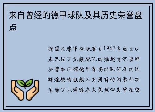 来自曾经的德甲球队及其历史荣誉盘点