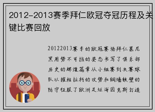 2012-2013赛季拜仁欧冠夺冠历程及关键比赛回放